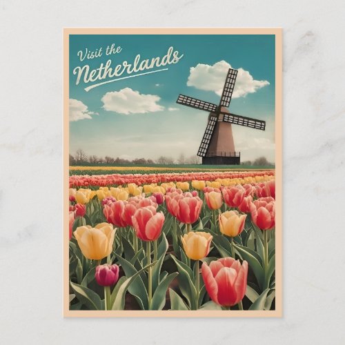 Vintage Travel Netherlands Tulips Retro Scenic Postcard