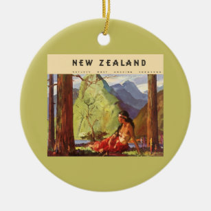 Vintage Travel, New Zealand Landscape Native Woman Ceramic Ornament
