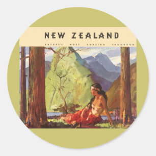 Vintage Travel, New Zealand Landscape Native Woman Classic Round Sticker