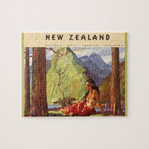 Vintage Travel New Zealand Landscape Native Woman Jigsaw Puzzle