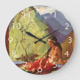 Vintage Travel, New Zealand Landscape Native Woman Large Clock