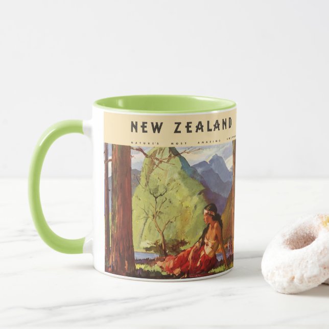 Vintage Travel, New Zealand Landscape Native Woman Mug (With Donut)