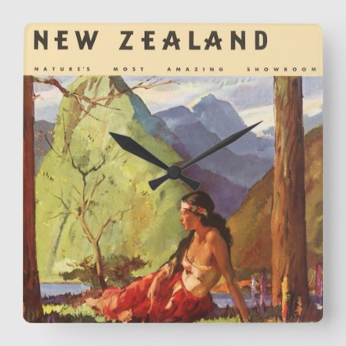 Vintage Travel New Zealand Landscape Native Woman Square Wall Clock