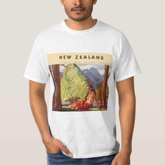 Vintage Travel, New Zealand Landscape Native Woman T-Shirt