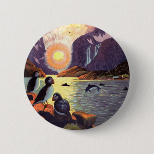 Vintage Travel, Norway Fjord Land of Midnight Sun Button