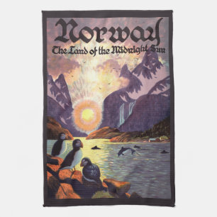 Vintage Travel, Norway Fjord Land of Midnight Sun Kitchen Towel