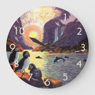 Vintage Travel, Norway Fjord Land of Midnight Sun Large Clock