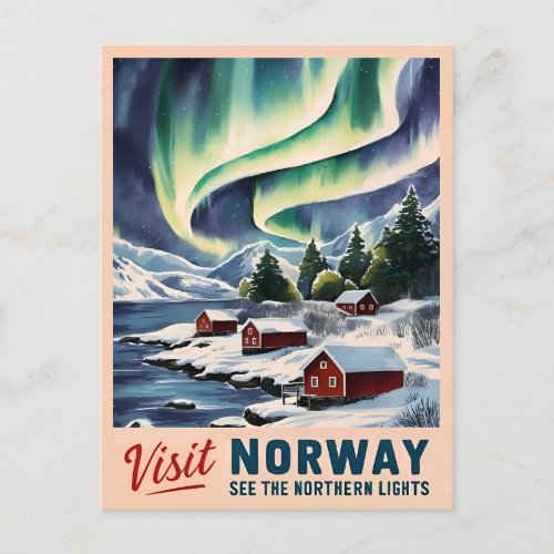 Vintage Travel Norway Northern Lights Retro Scenic Postcard