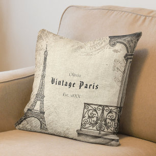 Vintage Travel Parisian Eiffel Tower Custom Name Throw Pillow