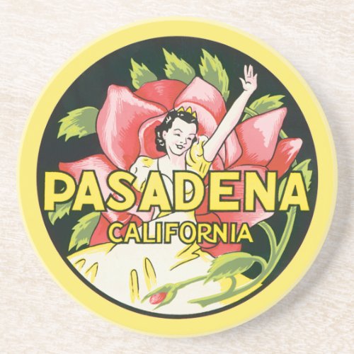 Vintage Travel Pasadena California Lady and Rose Drink Coaster