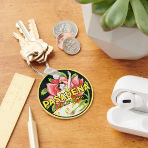 Vintage Travel, Pasadena California, Lady and Rose Keychain