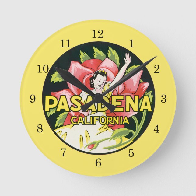 Vintage Travel, Pasadena California, Lady and Rose Round Clock (Front)