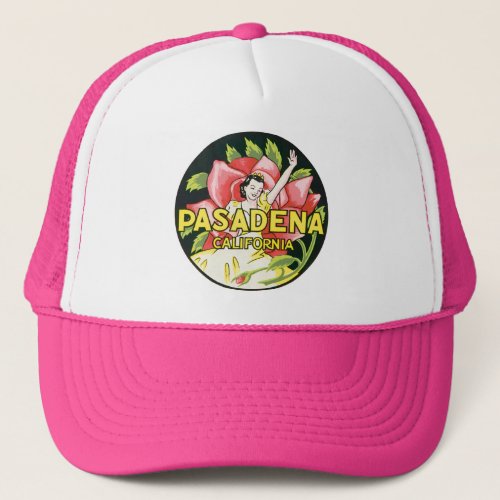Vintage Travel Pasadena California Lady and Rose Trucker Hat