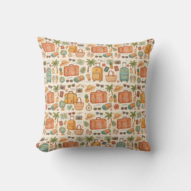 Vintage Travel Pattern Vacation Adventure Throw Pillow (Front)