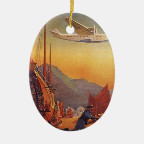 Vintage Travel Plane Over Junks in Hong Kong Ceramic Ornament