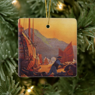 Vintage Travel, Plane Over Junks in Hong Kong Ceramic Ornament