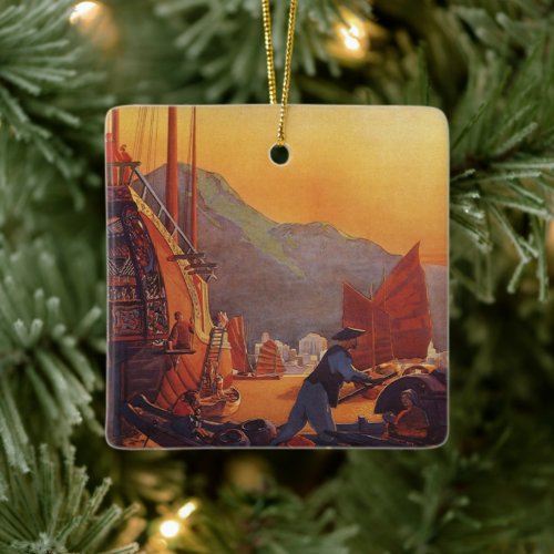 Vintage Travel, Plane Over Junks in Hong Kong Ceramic Ornament