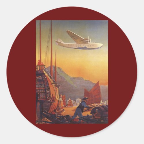 Vintage Travel Plane Over Junks in Hong Kong Classic Round Sticker