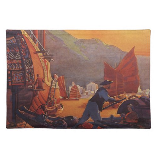 Vintage Travel Plane Over Junks in Hong Kong Cloth Placemat