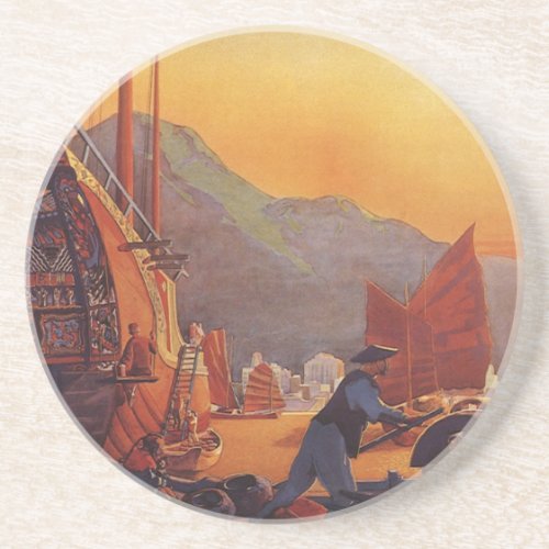 Vintage Travel Plane Over Junks in Hong Kong Drink Coaster