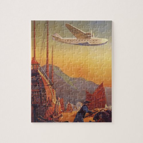 Vintage Travel Plane Over Junks in Hong Kong Jigsaw Puzzle