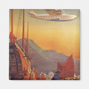 Vintage Travel, Plane Over Junks in Hong Kong Magnet