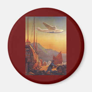 Vintage Travel, Plane Over Junks in Hong Kong Magnet