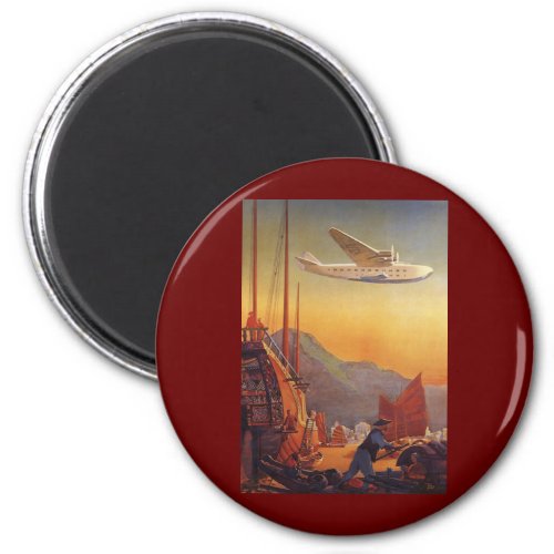 Vintage Travel Plane Over Junks in Hong Kong Magnet