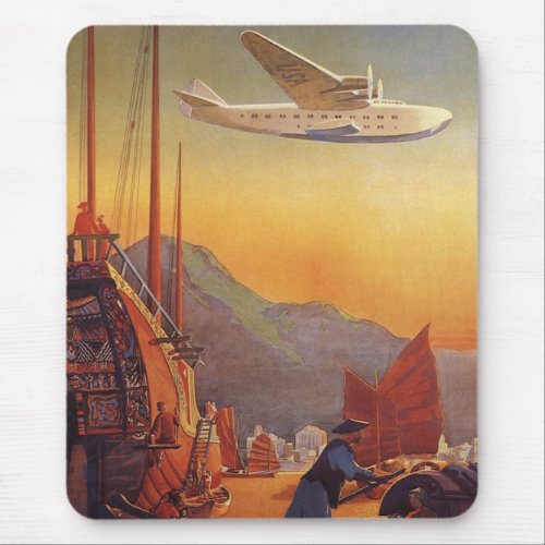 Vintage Travel Plane Over Junks in Hong Kong Mouse Pad