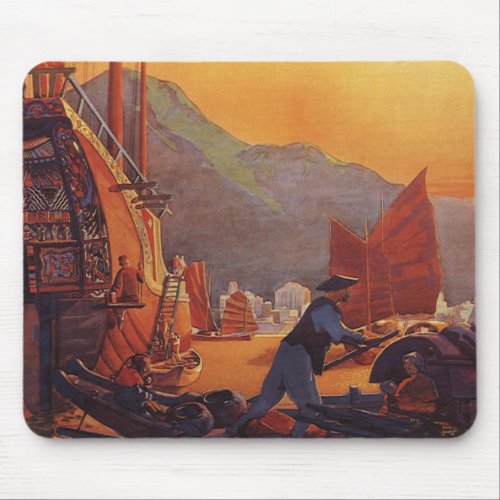 Vintage Travel Plane Over Junks in Hong Kong Mouse Pad