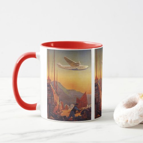 Vintage Travel Plane Over Junks in Hong Kong Mug