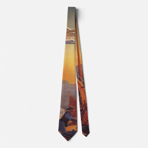 Vintage Travel Plane Over Junks in Hong Kong Neck Tie