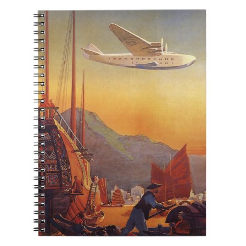 Vintage Travel Plane Over Junks in Hong Kong Notebook