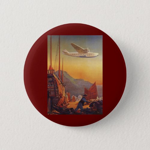 Vintage Travel Plane Over Junks in Hong Kong Pinback Button