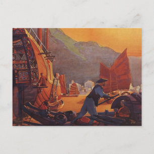 Vintage Travel, Plane Over Junks in Hong Kong Postcard