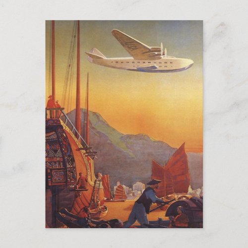 Vintage Travel Plane Over Junks in Hong Kong Postcard