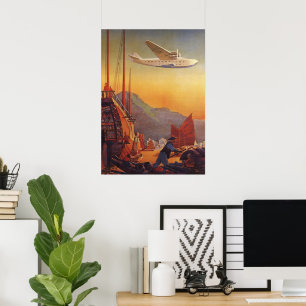Vintage Travel, Plane Over Junks in Hong Kong Poster