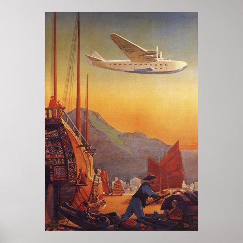 Vintage Travel Plane Over Junks in Hong Kong Poster