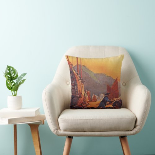 Vintage Travel Plane Over Junks in Hong Kong Throw Pillow