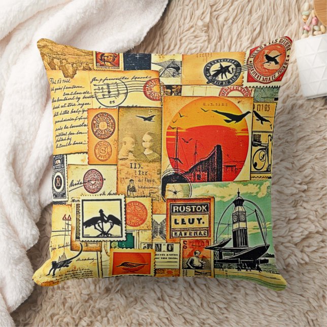 Vintage Travel Postcard Art Throw Pillow (Blanket)