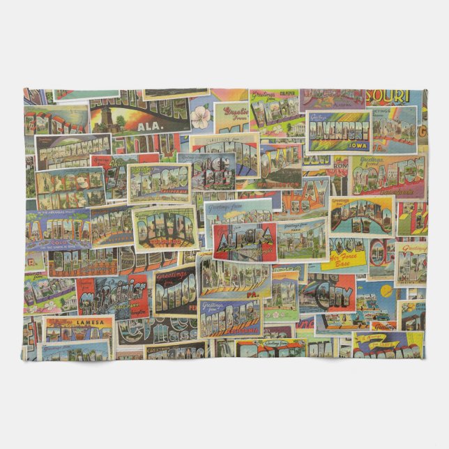 Vintage Travel Postcards Kitchen Hand Towel (Horizontal)