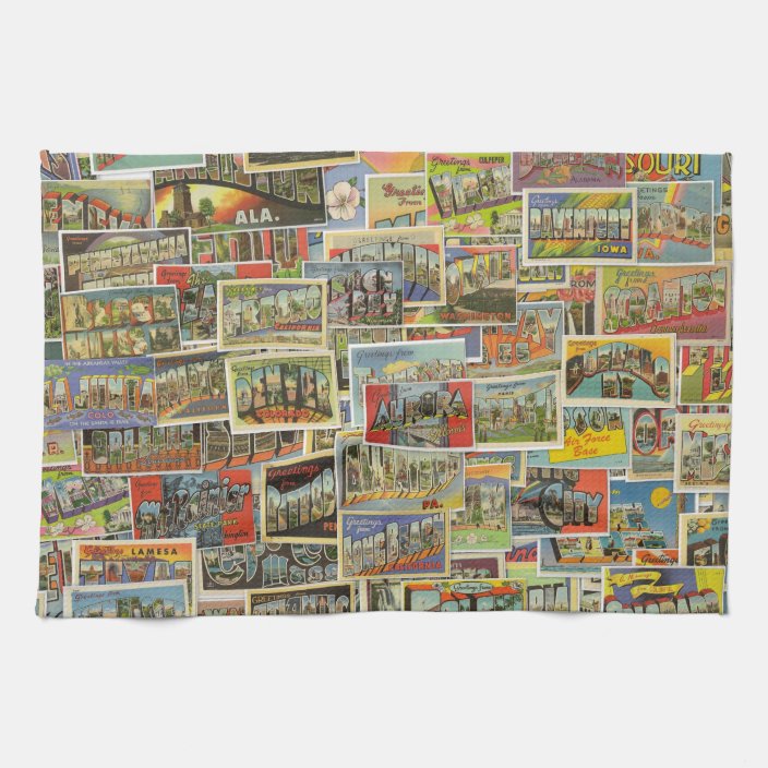 Vintage Travel Postcards Kitchen Hand Towel Zazzle Com