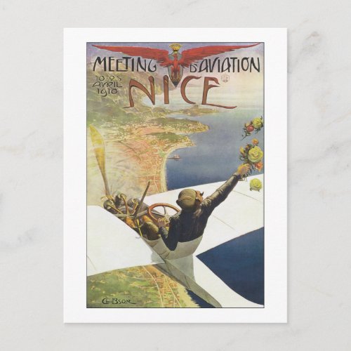 Vintage Travel Poster Airplane over Nice France Postcard