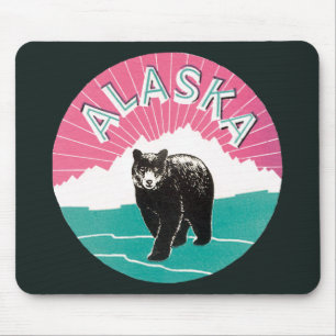 Vintage Travel Poster, Alaska Black Bear in Snow Mouse Pad