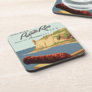 Vintage Travel Poster Art, Discover Puerto Rico! Beverage Coaster
