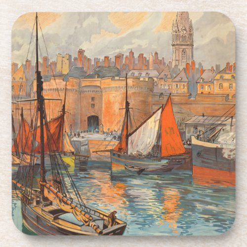 Vintage Travel Poster Art Saint Malo France Beverage Coaster