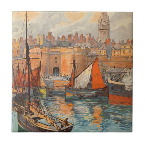 Vintage Travel Poster Art Saint Malo France Ceramic Tile