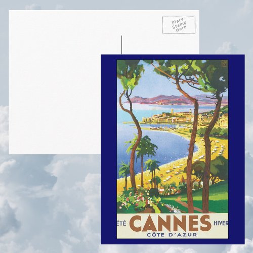 Vintage Travel Poster Beach in Cannes France Postcard