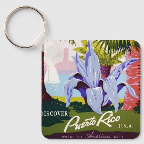 Vintage Travel Poster Discover Puerto Rico Keychain