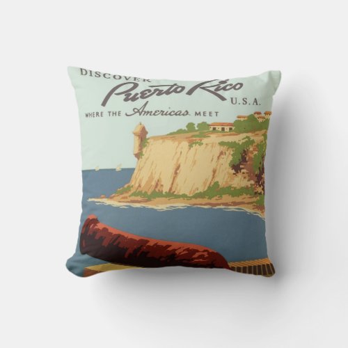 Vintage Travel Poster Discover Puerto Rico Throw Pillow